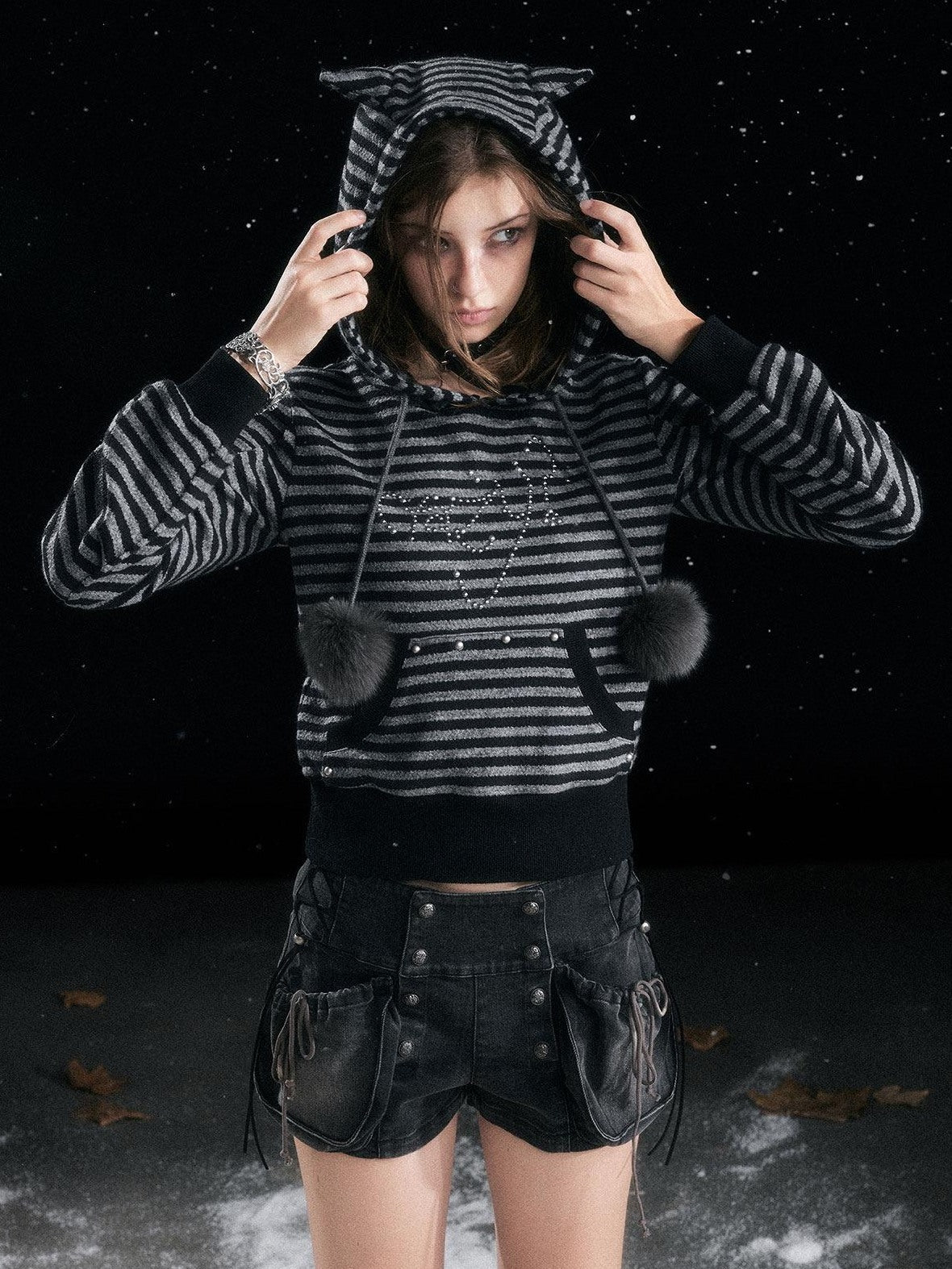 Cest Nous Cozy Loose Fit Striped Pullover Hooded Long Sleeve Commuter Black Gray Hoodies