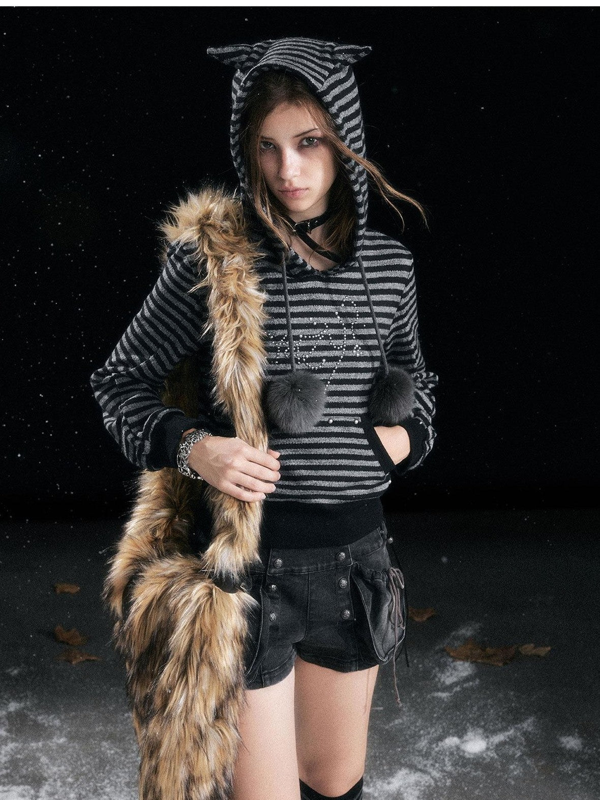 Cest Nous Cozy Loose Fit Striped Pullover Hooded Long Sleeve Commuter Black Gray Hoodies