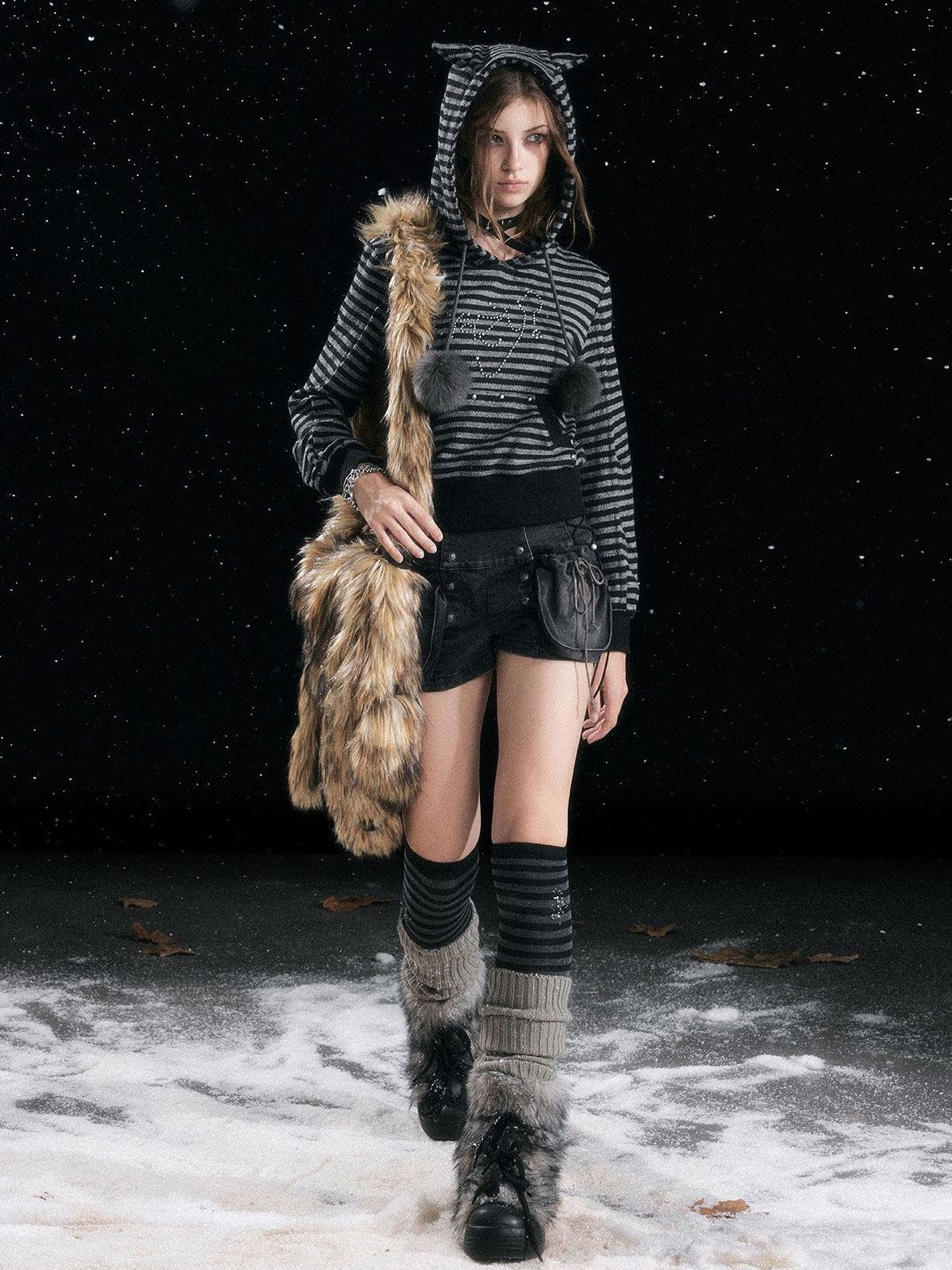 Cest Nous Cozy Loose Fit Striped Pullover Hooded Long Sleeve Commuter Black Gray Hoodies