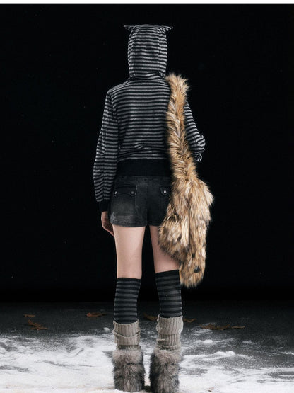 Cest Nous Cozy Loose Fit Striped Pullover Hooded Long Sleeve Commuter Black Gray Hoodies