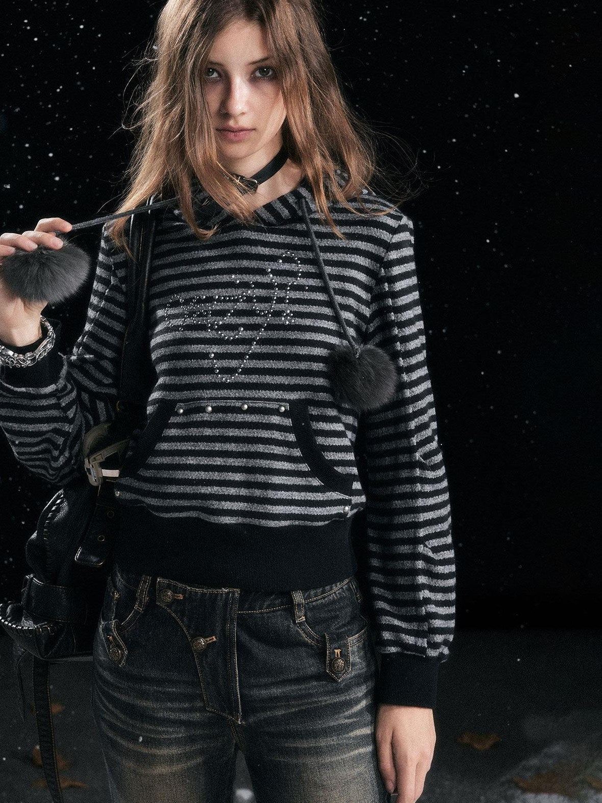 Cest Nous Cozy Loose Fit Striped Pullover Hooded Long Sleeve Commuter Black Gray Hoodies