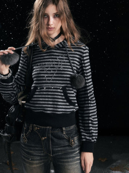 Cest Nous Cozy Loose Fit Striped Pullover Hooded Long Sleeve Commuter Black Gray Hoodies