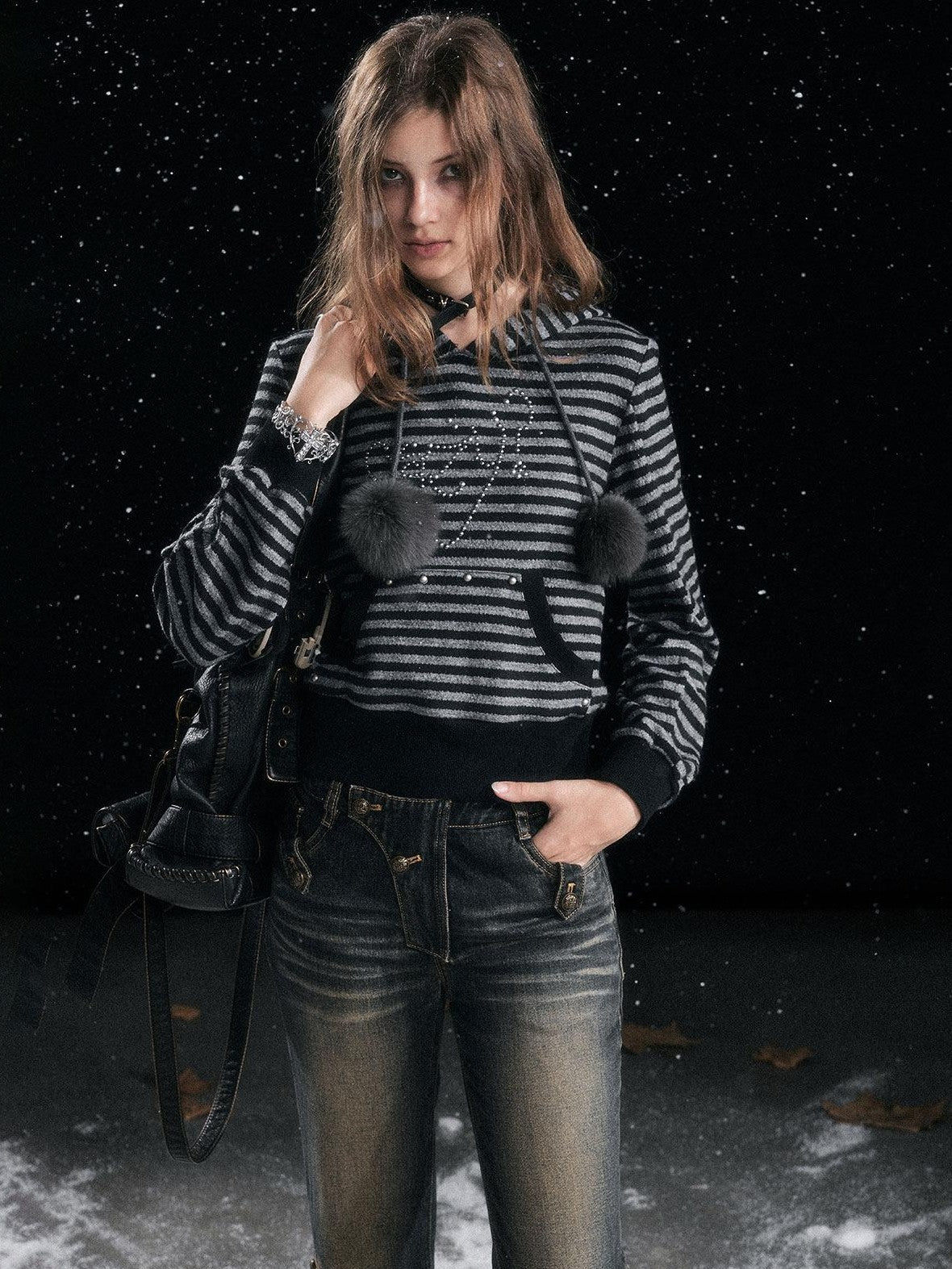 Cest Nous Cozy Loose Fit Striped Pullover Hooded Long Sleeve Commuter Black Gray Hoodies