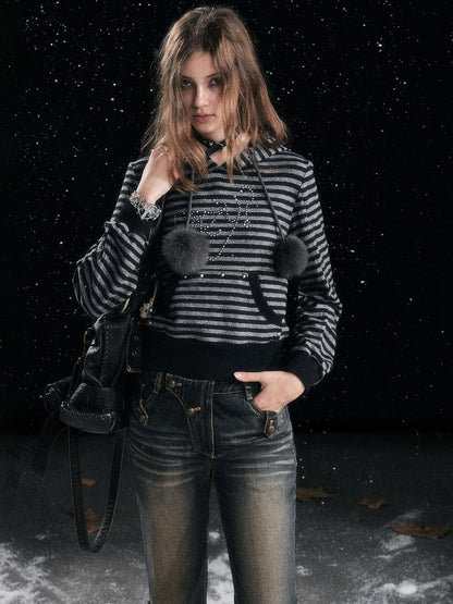 Cest Nous Cozy Loose Fit Striped Pullover Hooded Long Sleeve Commuter Black Gray Hoodies