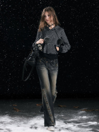 Cest Nous Cozy Loose Fit Striped Pullover Hooded Long Sleeve Commuter Black Gray Hoodies