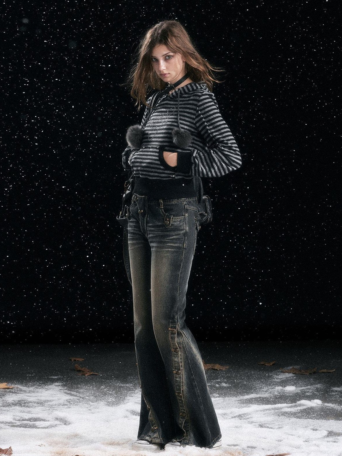 Cest Nous Cozy Loose Fit Striped Pullover Hooded Long Sleeve Commuter Black Gray Hoodies