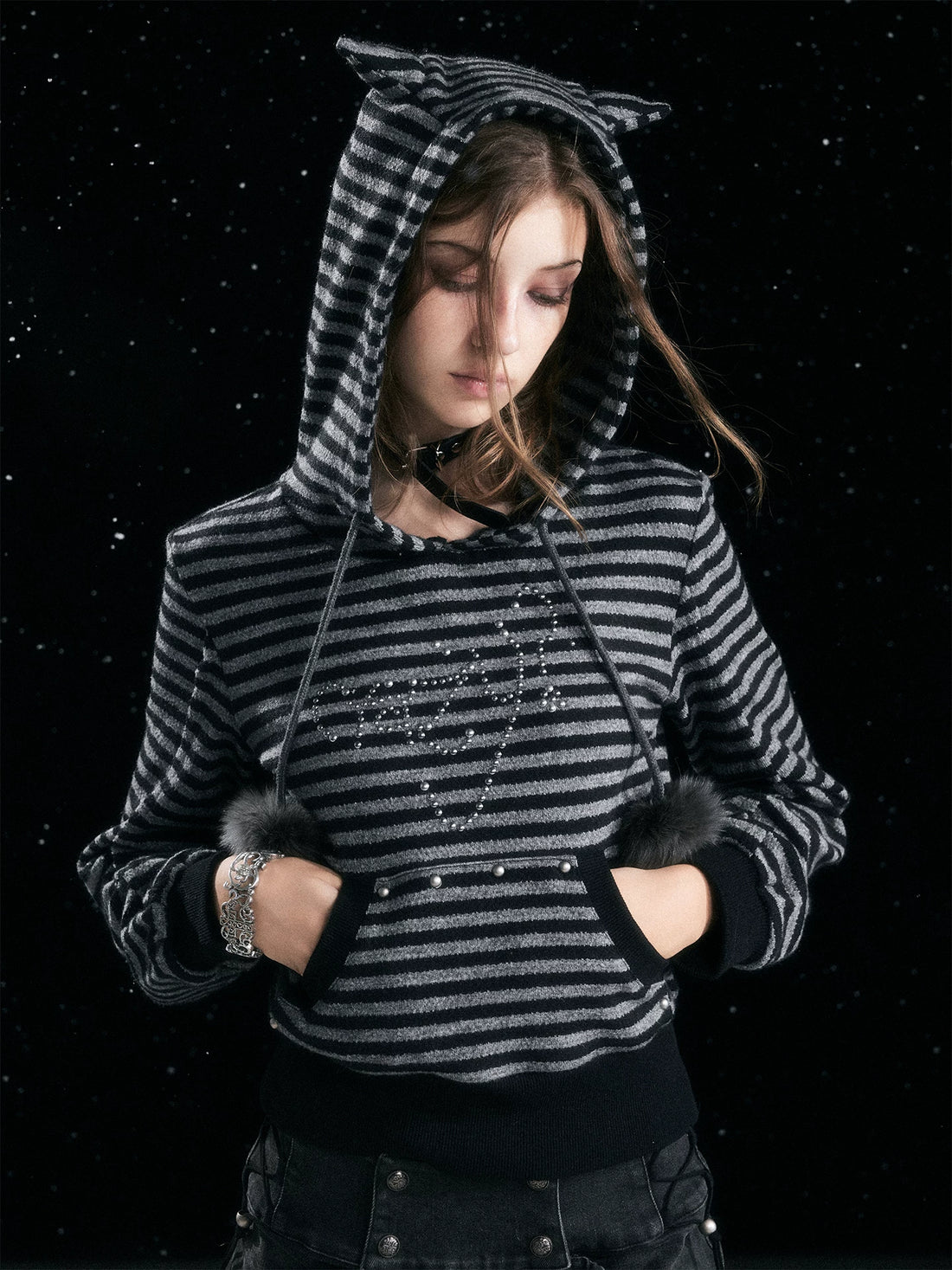 Cest Nous Cozy Loose Fit Striped Pullover Hooded Long Sleeve Commuter Black Gray Hoodies-1