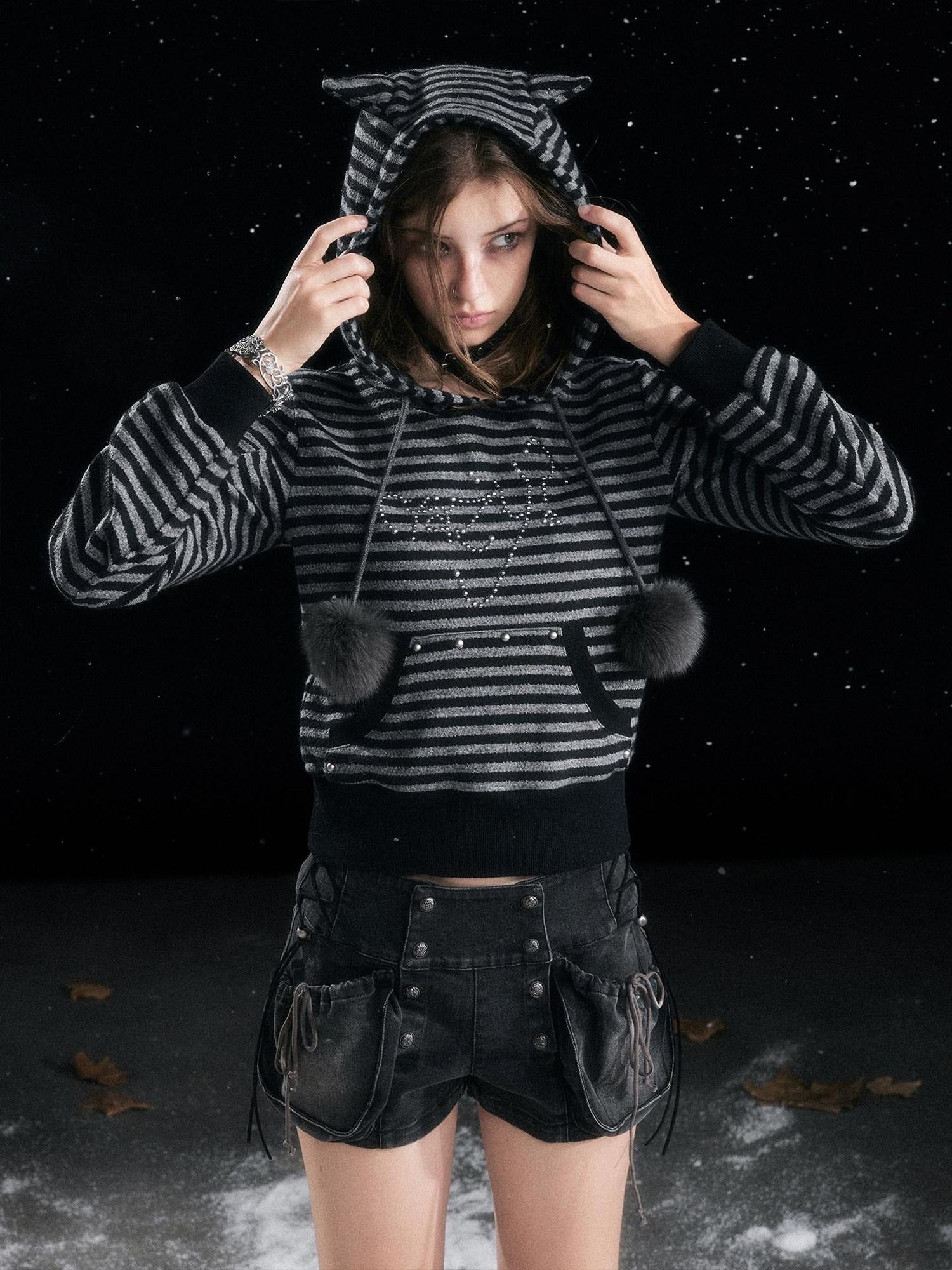 Cest Nous Cozy Loose Fit Striped Pullover Hooded Long Sleeve Commuter Black Gray Hoodies