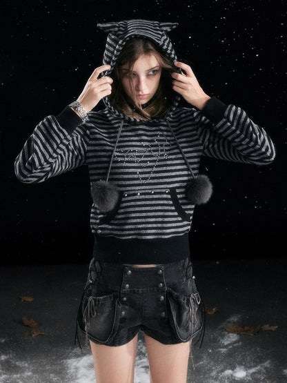 Cest Nous Cozy Loose Fit Striped Pullover Hooded Long Sleeve Commuter Black Gray Hoodies