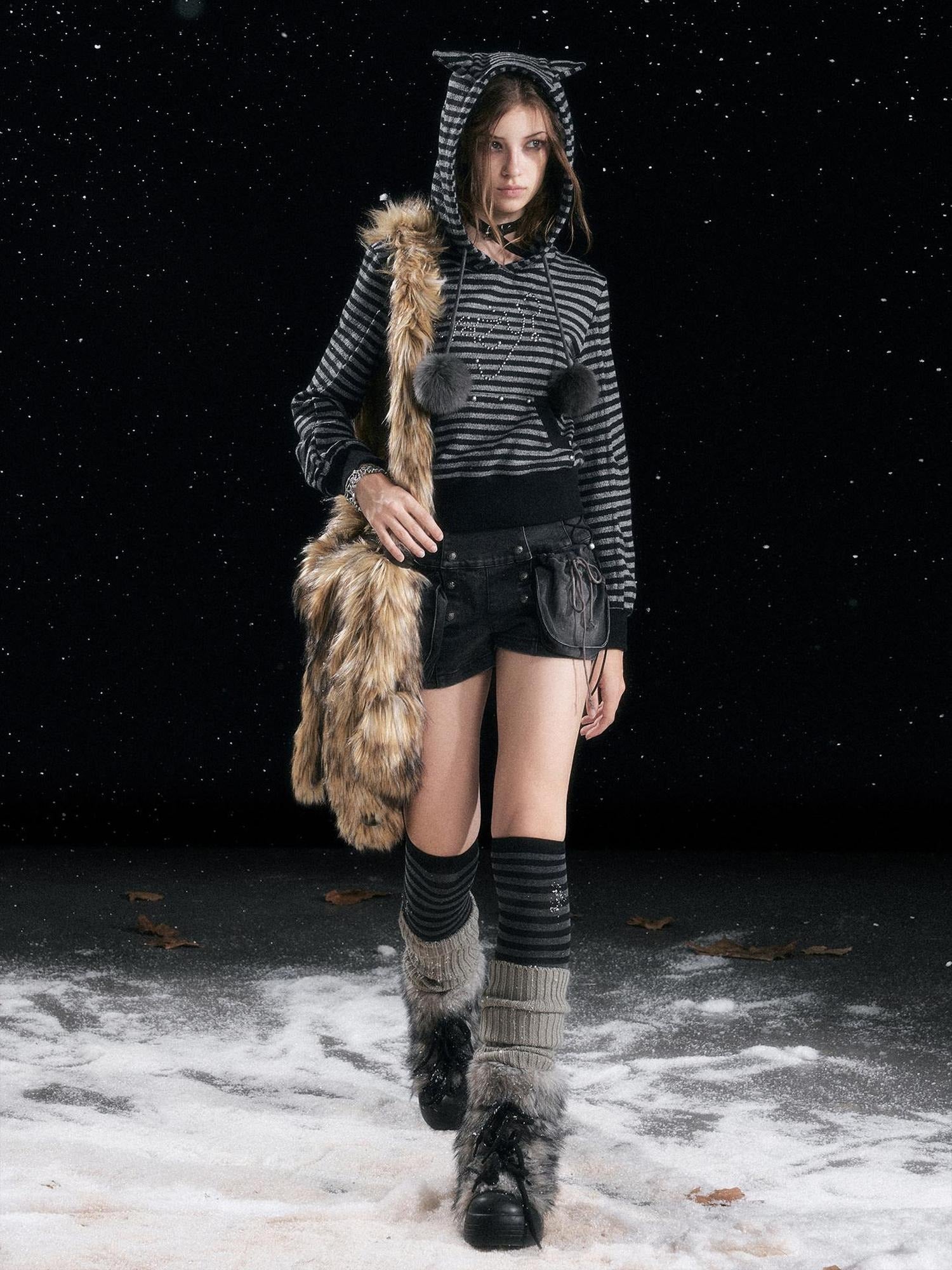 Cest Nous Cozy Loose Fit Striped Pullover Hooded Long Sleeve Commuter Black Gray Hoodies