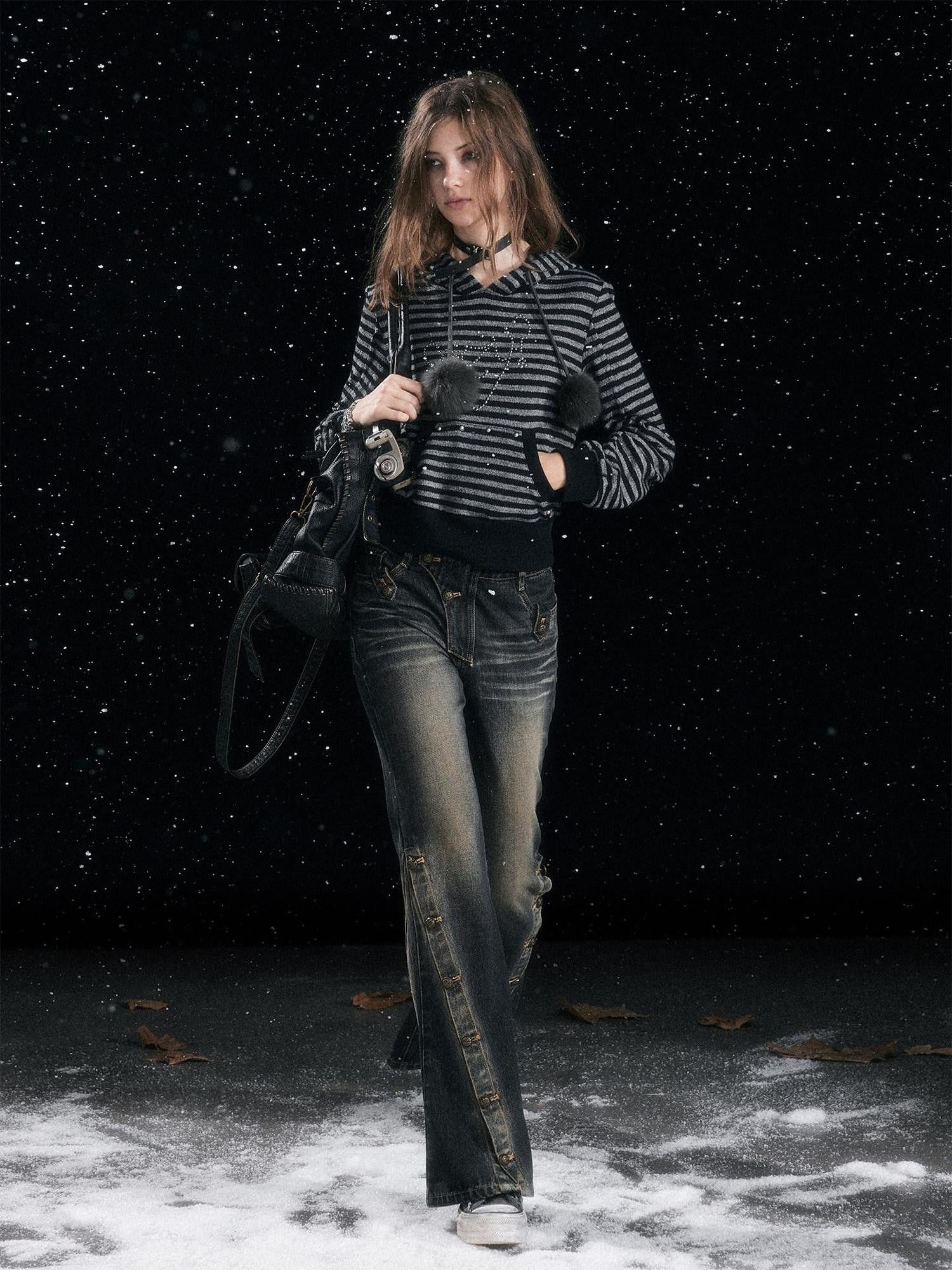 Cest Nous Cozy Loose Fit Striped Pullover Hooded Long Sleeve Commuter Black Gray Hoodies