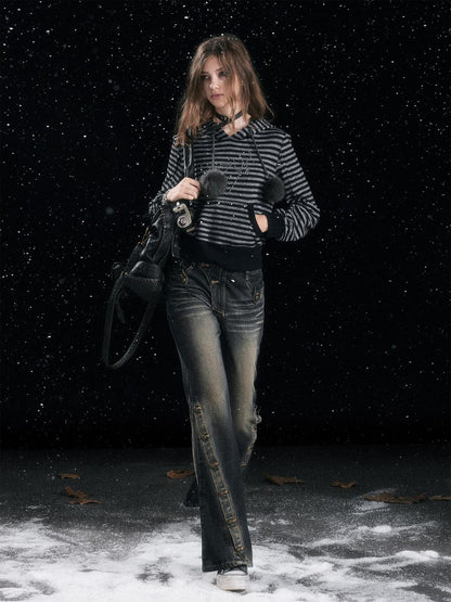 Cest Nous Cozy Loose Fit Striped Pullover Hooded Long Sleeve Commuter Black Gray Hoodies