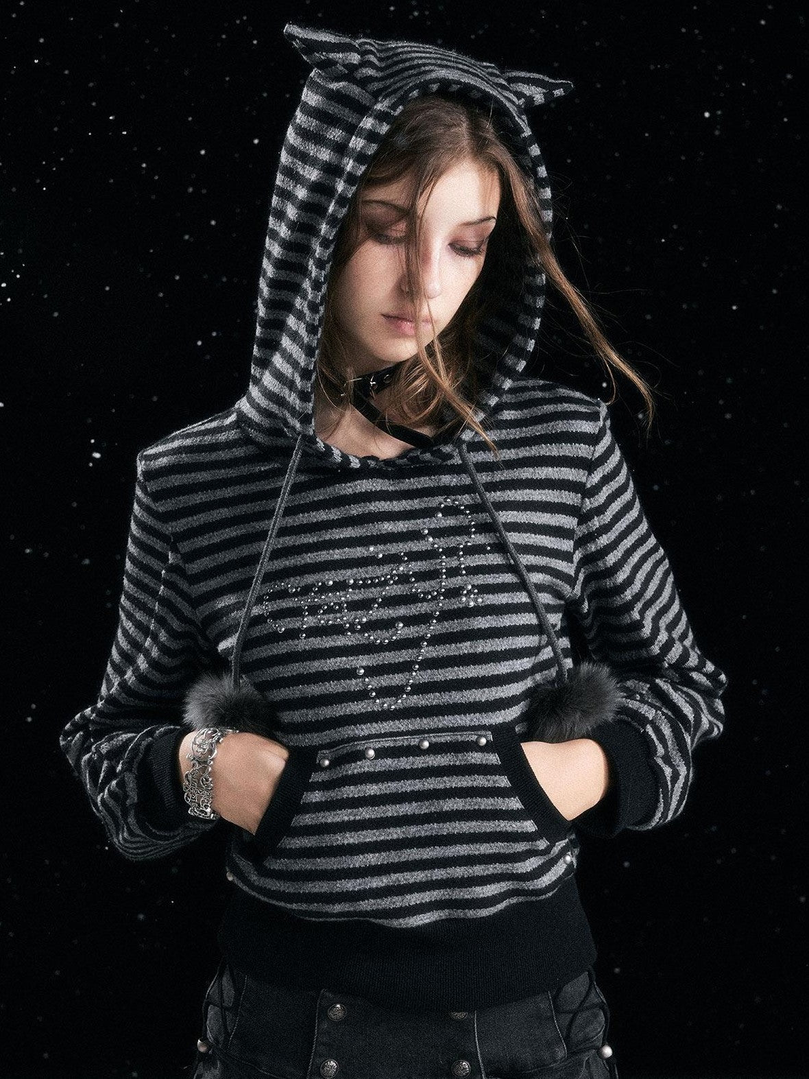 Cest Nous Cozy Loose Fit Striped Pullover Hooded Long Sleeve Commuter Black Gray Hoodies