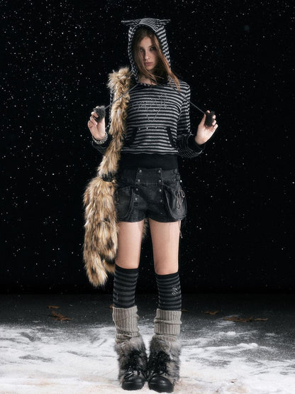 Cest Nous Cozy Loose Fit Striped Pullover Hooded Long Sleeve Commuter Black Gray Hoodies