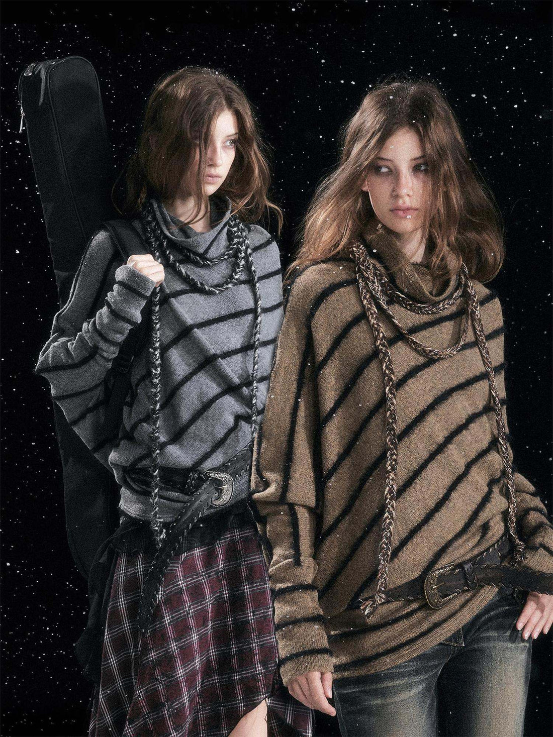 Cest Nous Cozy Thick Oversized Batwing High Neck Striped Tie Knit Pullover Sweater