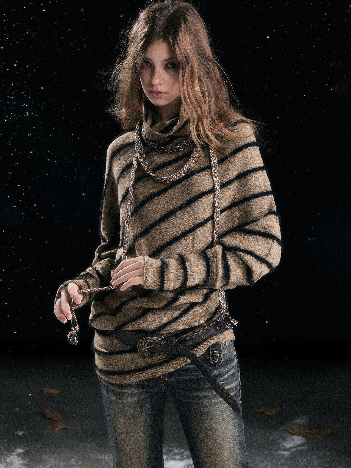 Cest Nous Cozy Thick Oversized Batwing High Neck Striped Tie Knit Pullover Sweater