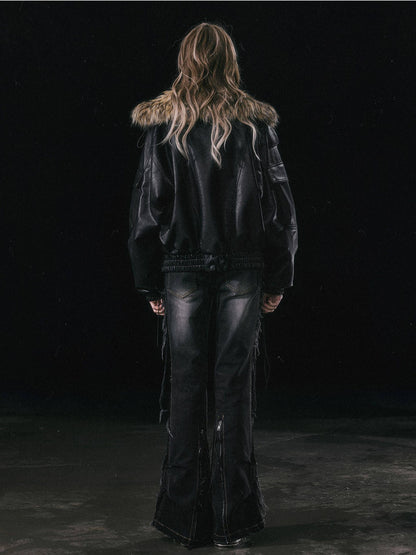 Cest Nous Cropped Detachable Fur Collar Flight Padded Women&