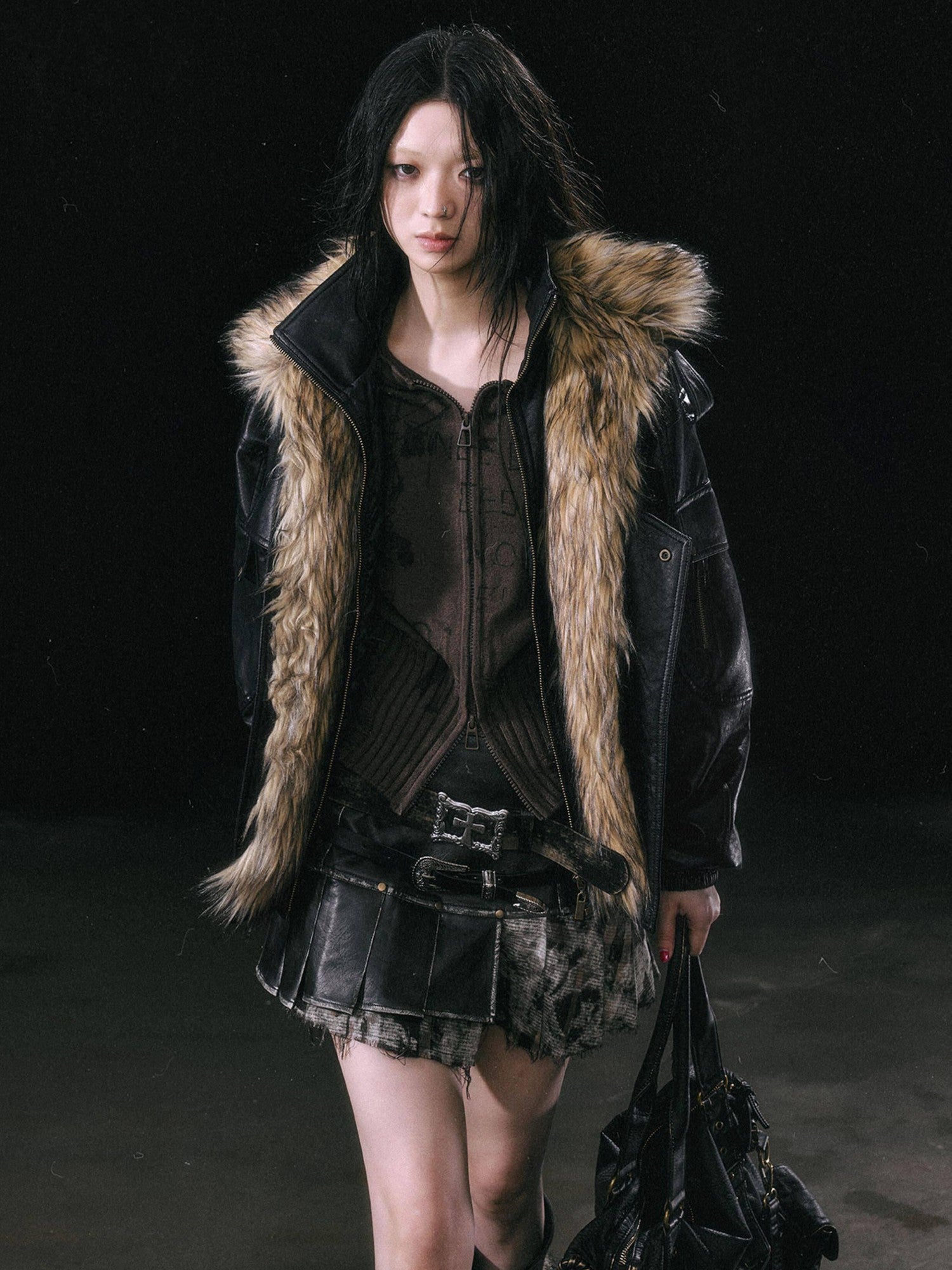 Cest Nous Cropped Detachable Fur Collar Flight Padded Women&