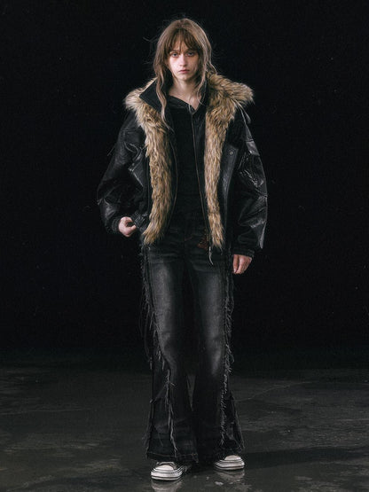 Cest Nous Cropped Detachable Fur Collar Flight Padded Women&