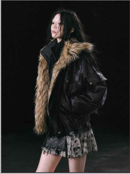 Cest Nous Cropped Detachable Fur Collar Flight Padded Women&