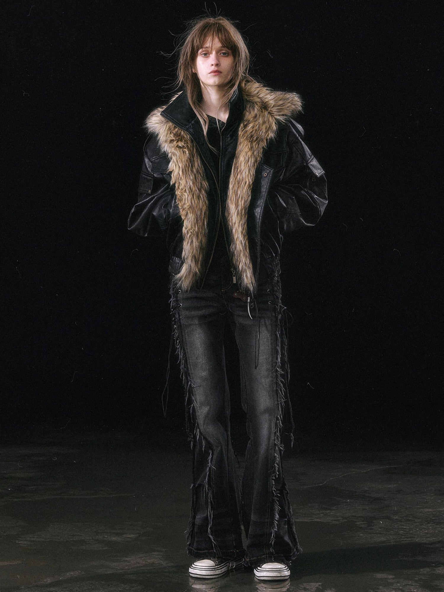 Cest Nous Cropped Detachable Fur Collar Flight Padded Women&