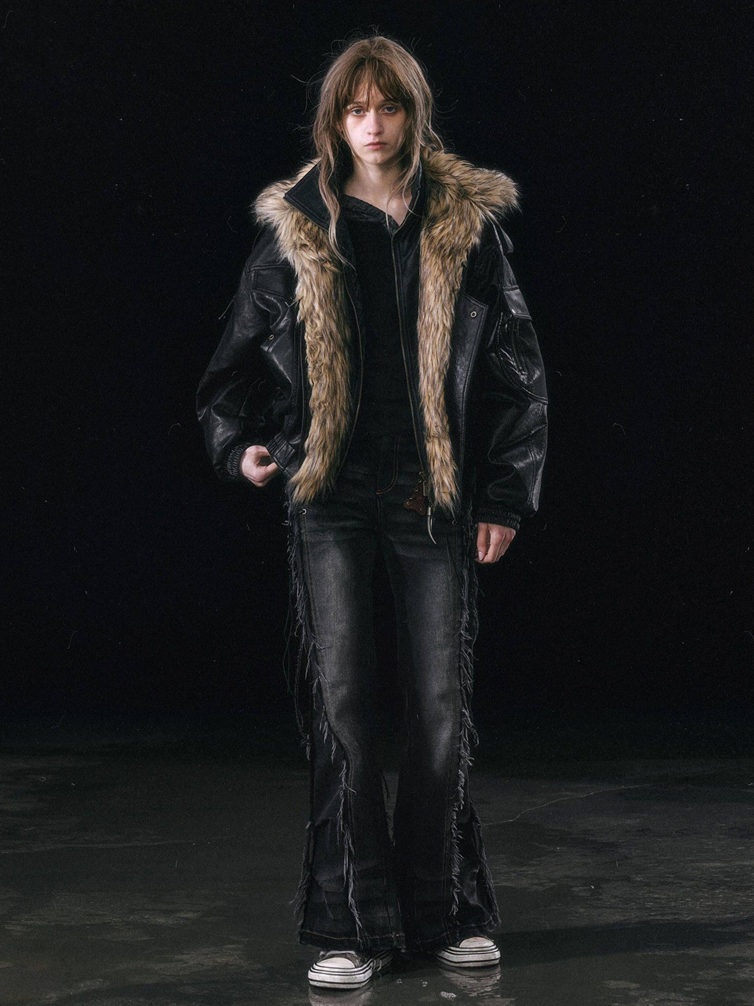 Cest Nous Cropped Detachable Fur Collar Flight Padded Women&