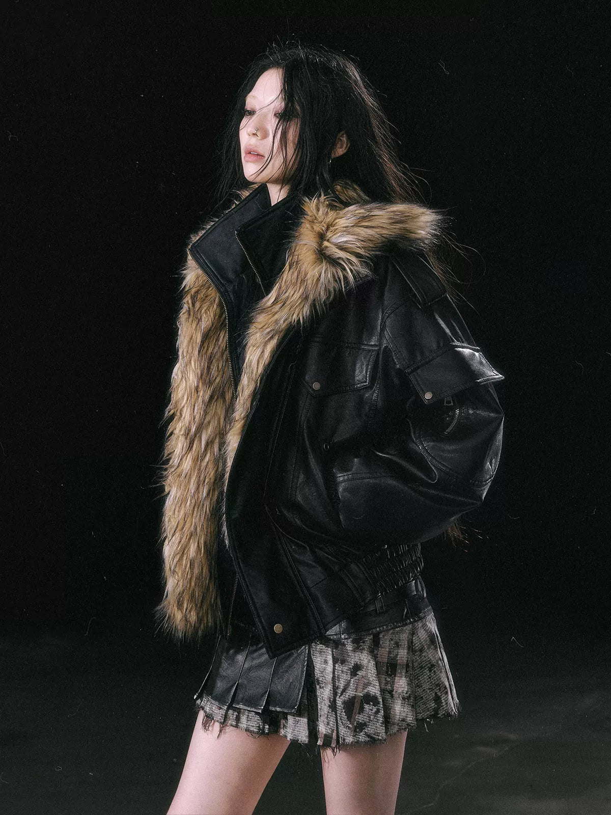 Cest Nous Cropped Detachable Fur Collar Flight Padded Women&