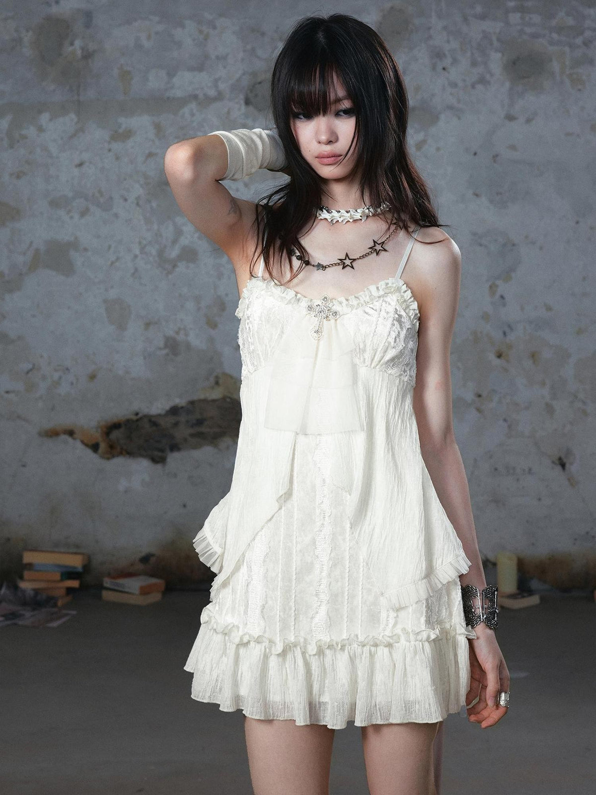 Cest Nous Cross Lace Chiffon Ruffle A Line Women&