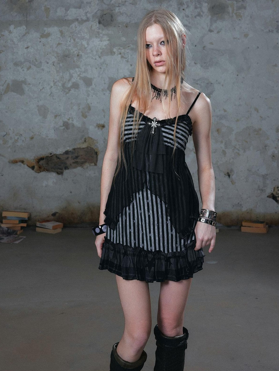 Cest Nous Cross Lace Chiffon Ruffle A Line Women&