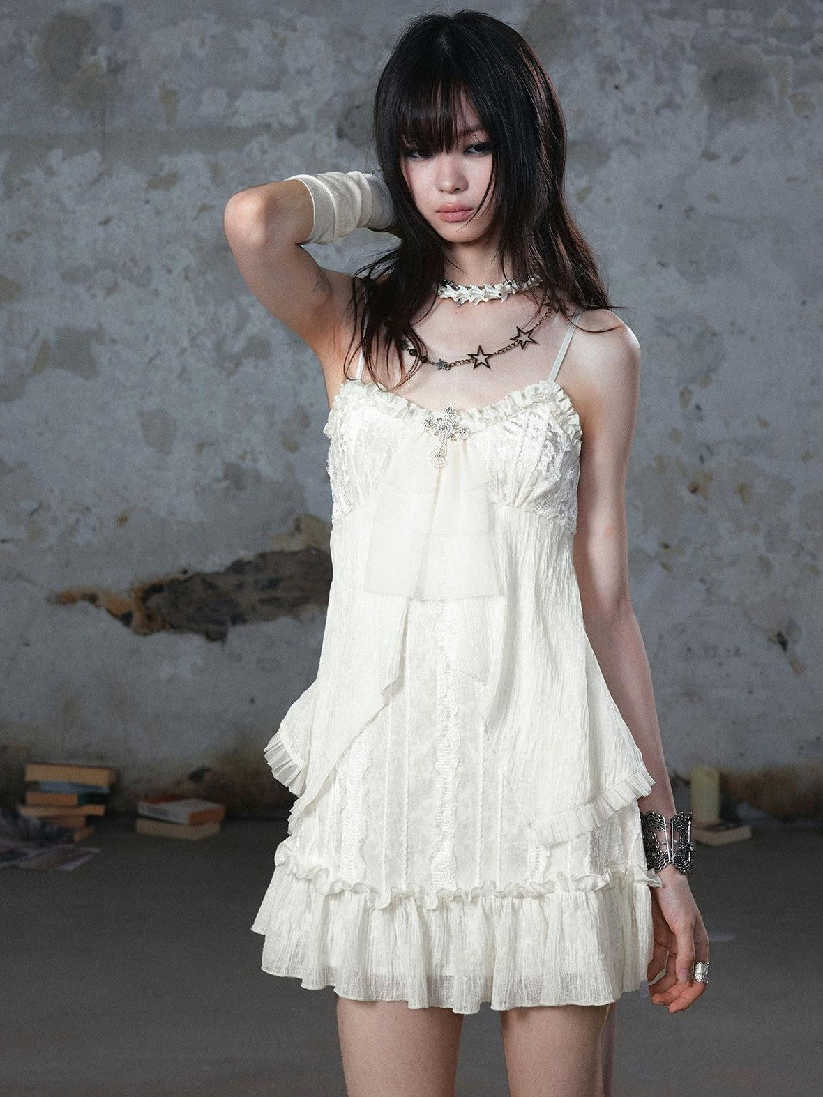 Cest Nous Cross Lace Chiffon Ruffle A Line Women&