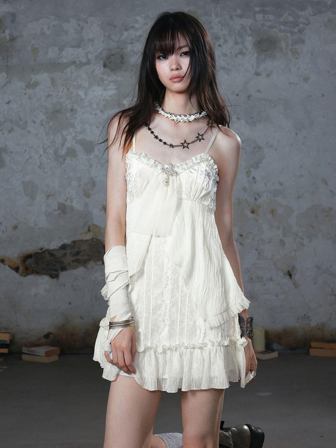 Cest Nous Cross Lace Chiffon Ruffle A Line Women&