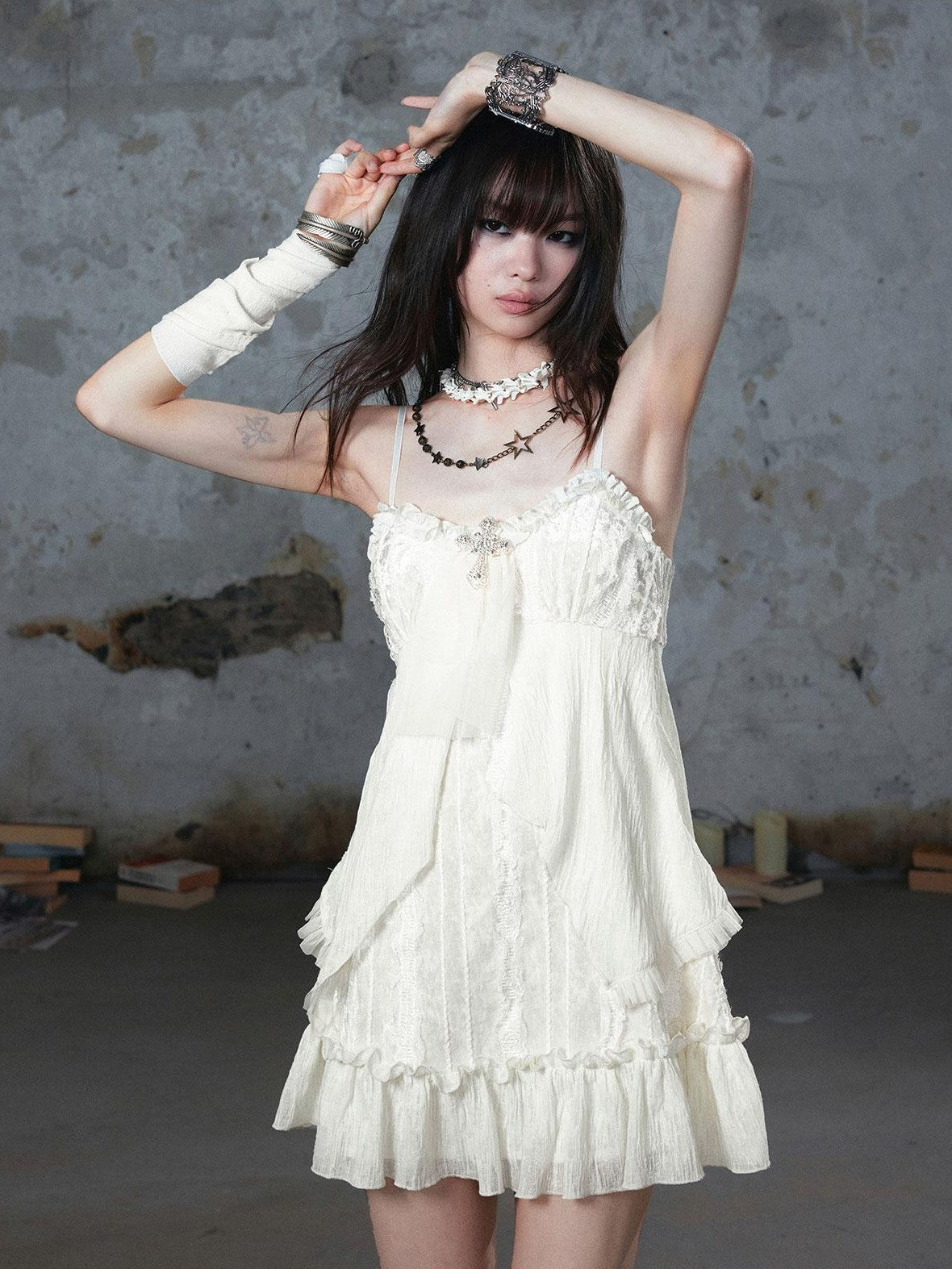 Cest Nous Cross Lace Chiffon Ruffle A Line Women&