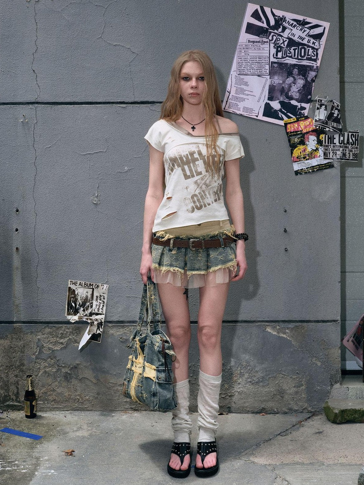 Cest Nous Denim Mesh Reworked Splice Ruched High Waist Women&