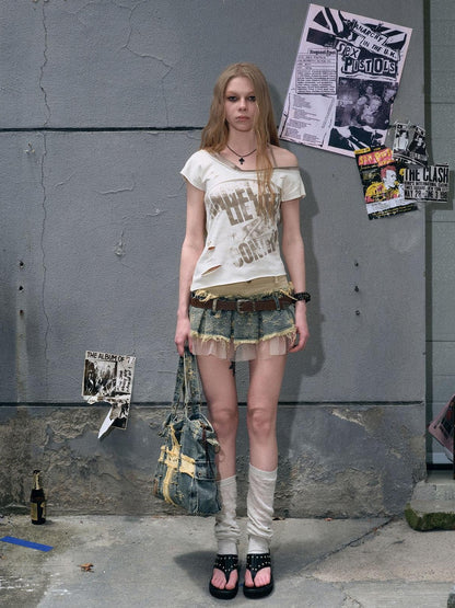 Cest Nous Denim Mesh Reworked Splice Ruched High Waist Women&