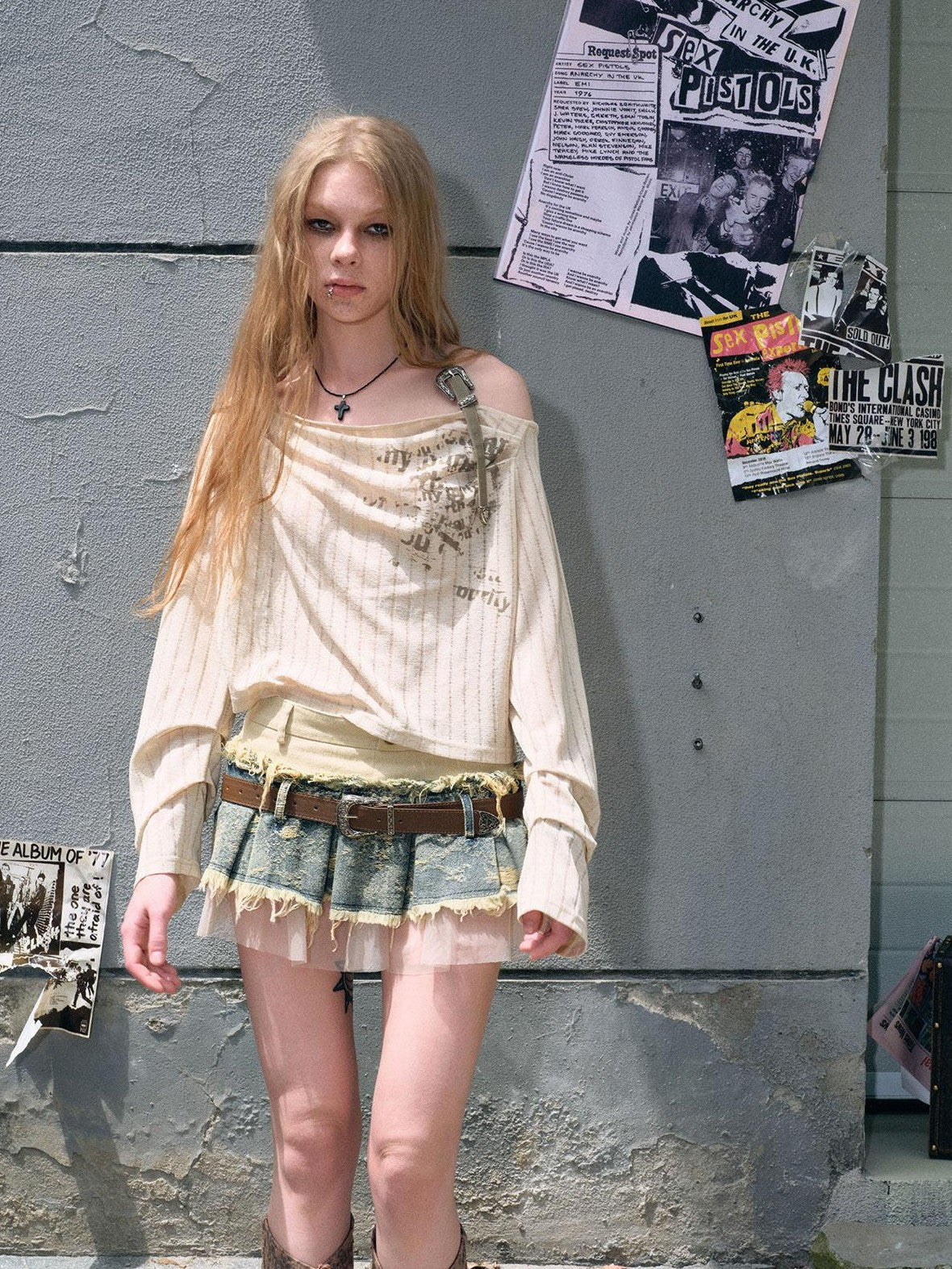 Cest Nous Denim Mesh Reworked Splice Ruched High Waist Women&
