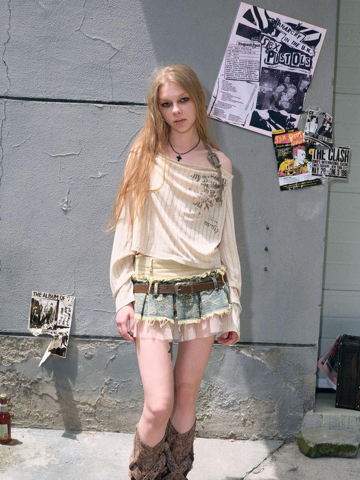 Cest Nous Denim Mesh Reworked Splice Ruched High Waist Women&