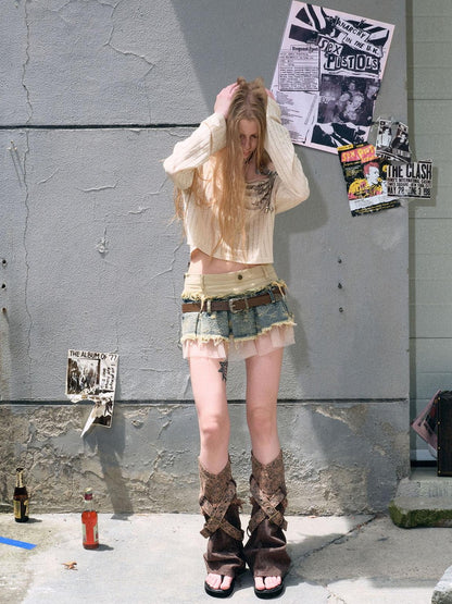 Cest Nous Denim Mesh Reworked Splice Ruched High Waist Women&