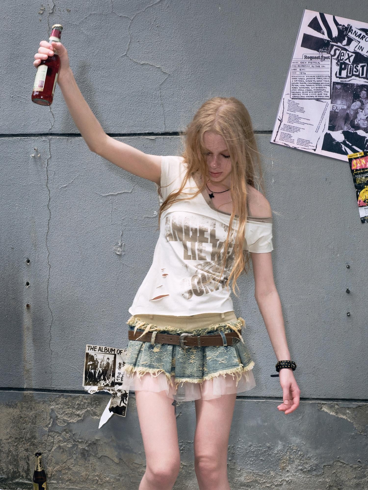 Cest Nous Denim Mesh Reworked Splice Ruched High Waist Women&