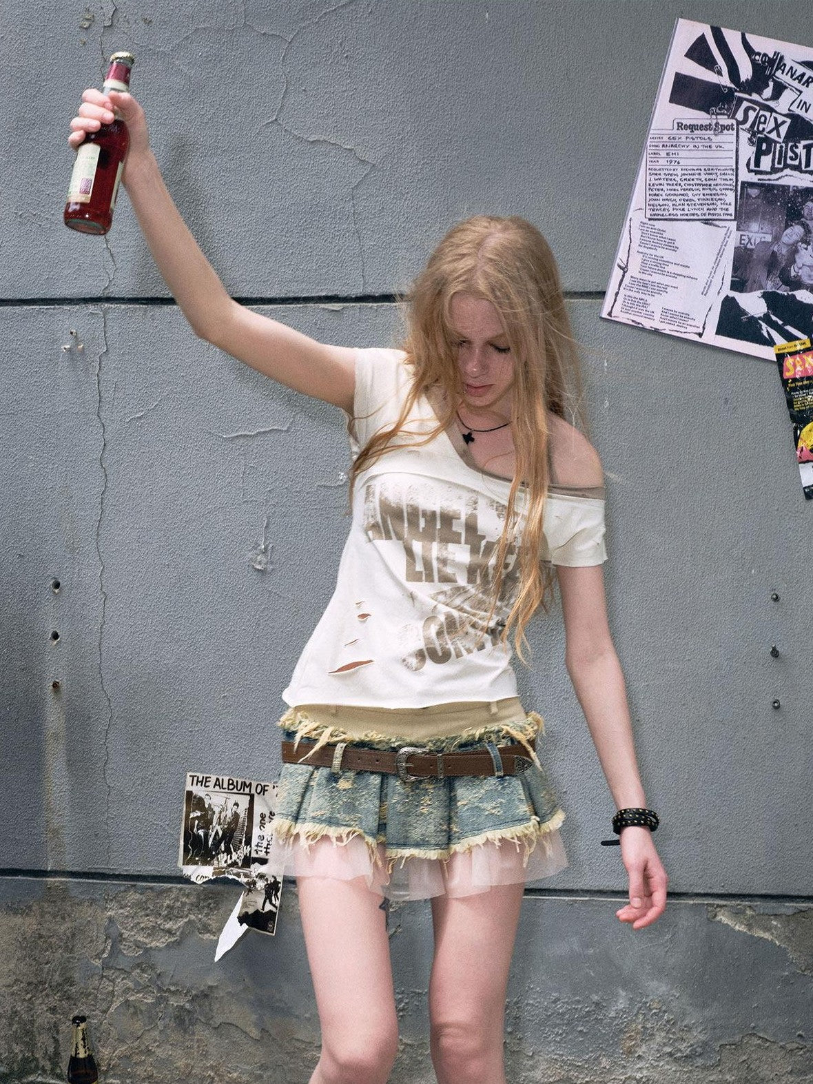Cest Nous Denim Mesh Reworked Splice Ruched High Waist Women&