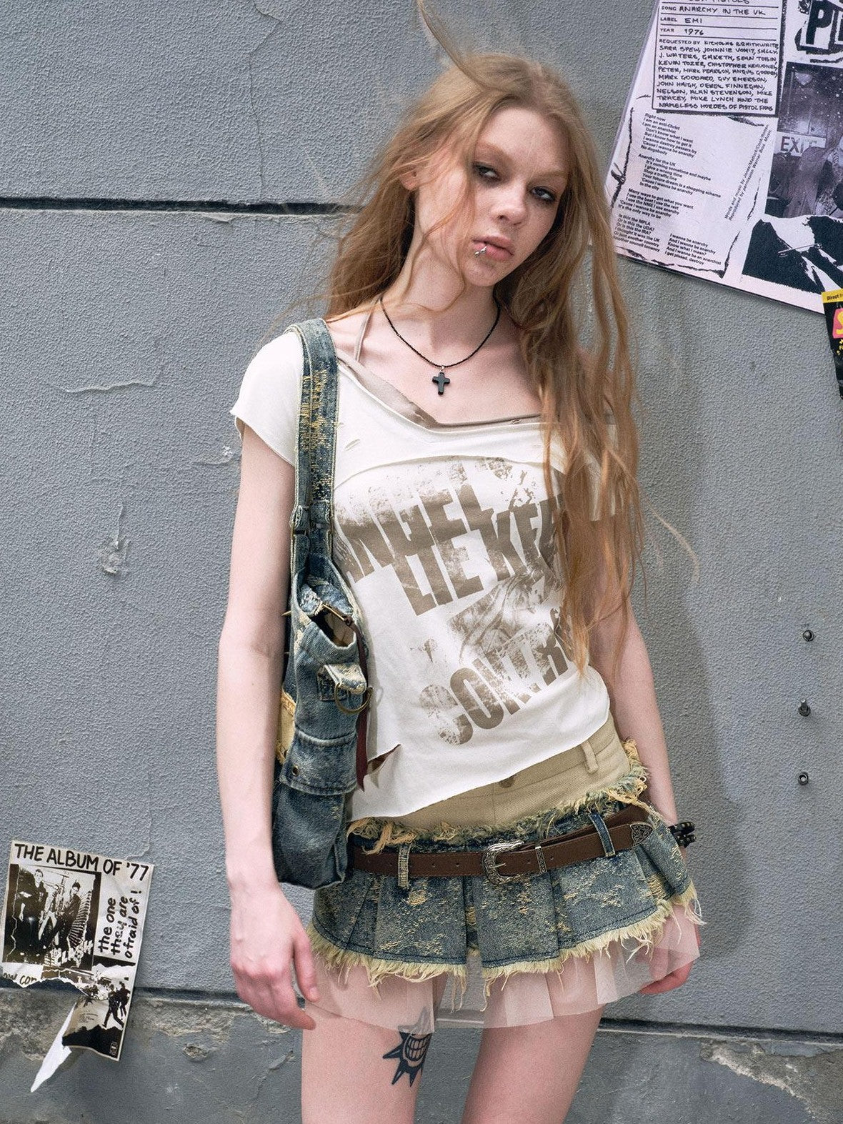 Cest Nous Denim Mesh Reworked Splice Ruched High Waist Women&