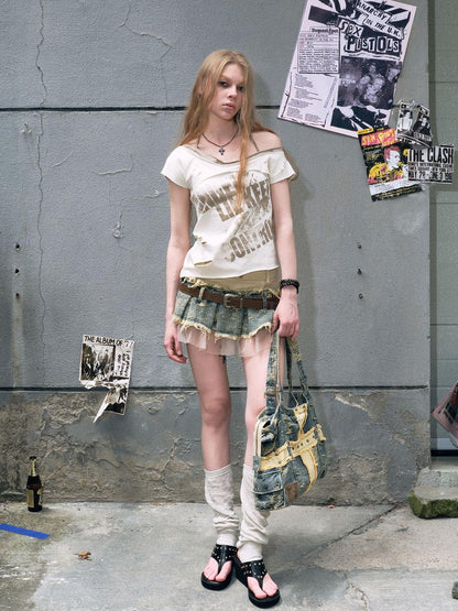 Cest Nous Denim Mesh Reworked Splice Ruched High Waist Women&