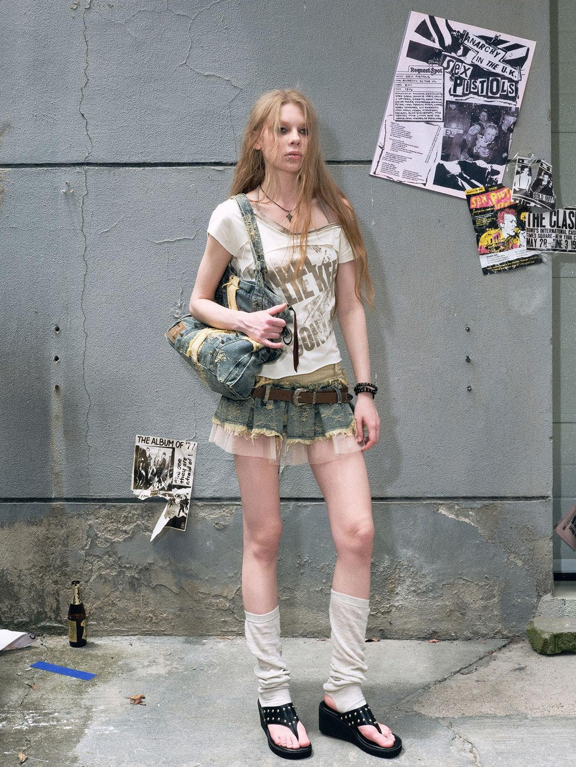 Cest Nous Denim Mesh Reworked Splice Ruched High Waist Women&