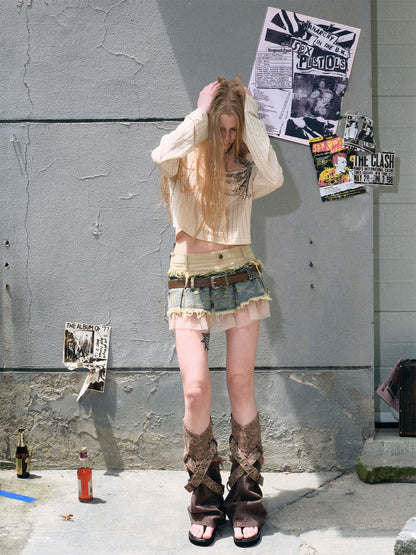 Cest Nous Denim Mesh Reworked Splice Ruched High Waist Women&