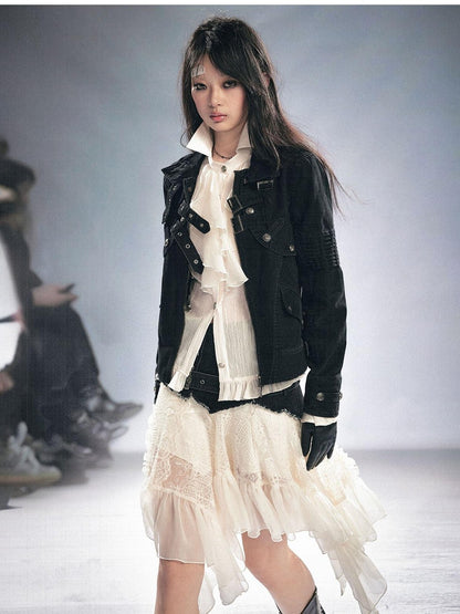 Cest Nous Detachable Punk Style Long Sleeve Zipper Women Black Grey Cotton Blend Jacket