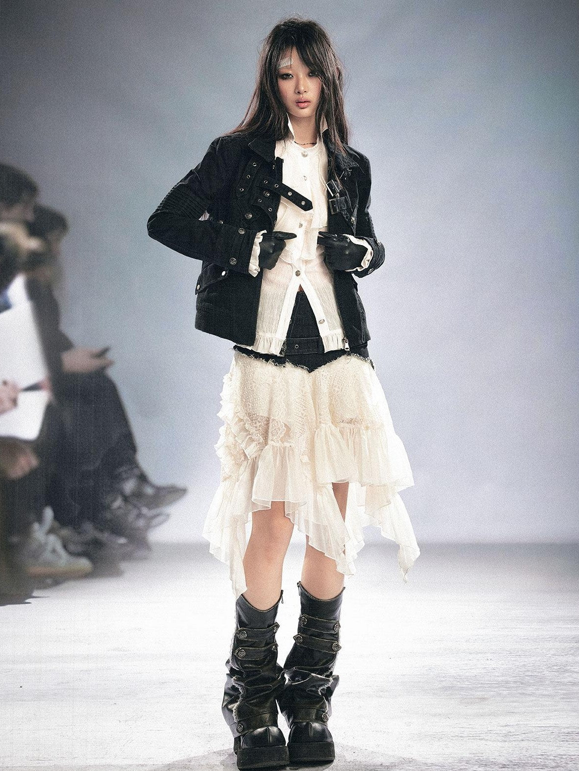 Cest Nous Detachable Punk Style Long Sleeve Zipper Women Black Grey Cotton Blend Jacket