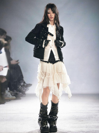 Cest Nous Detachable Punk Style Long Sleeve Zipper Women Black Grey Cotton Blend Jacket