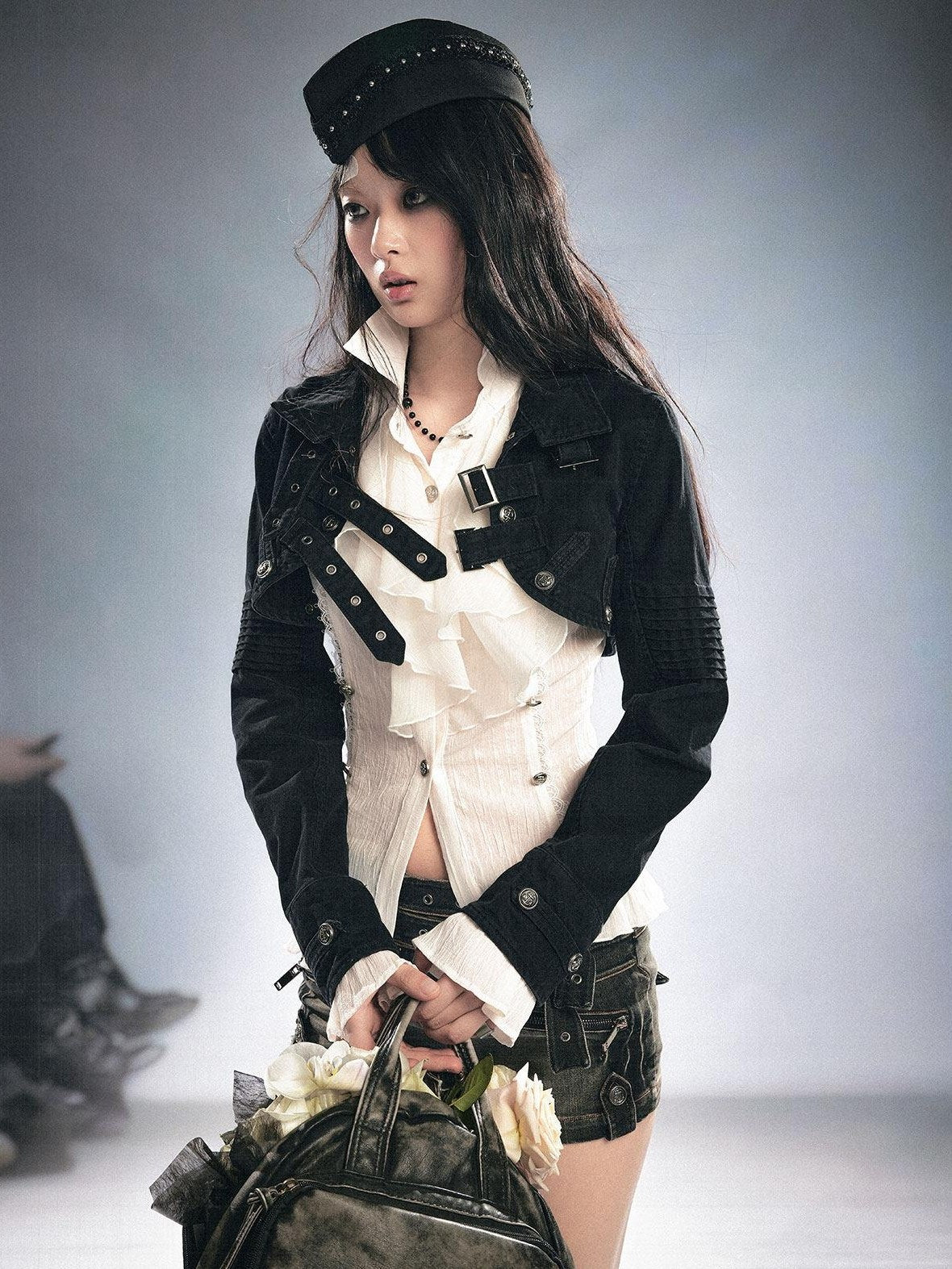 Cest Nous Detachable Punk Style Long Sleeve Zipper Women Black Grey Cotton Blend Jacket