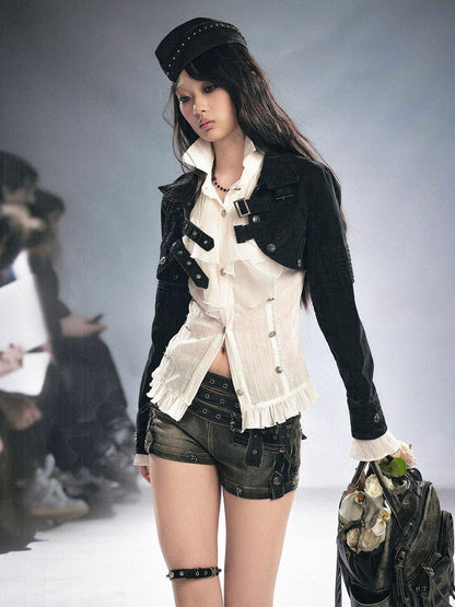 Cest Nous Detachable Punk Style Long Sleeve Zipper Women Black Grey Cotton Blend Jacket