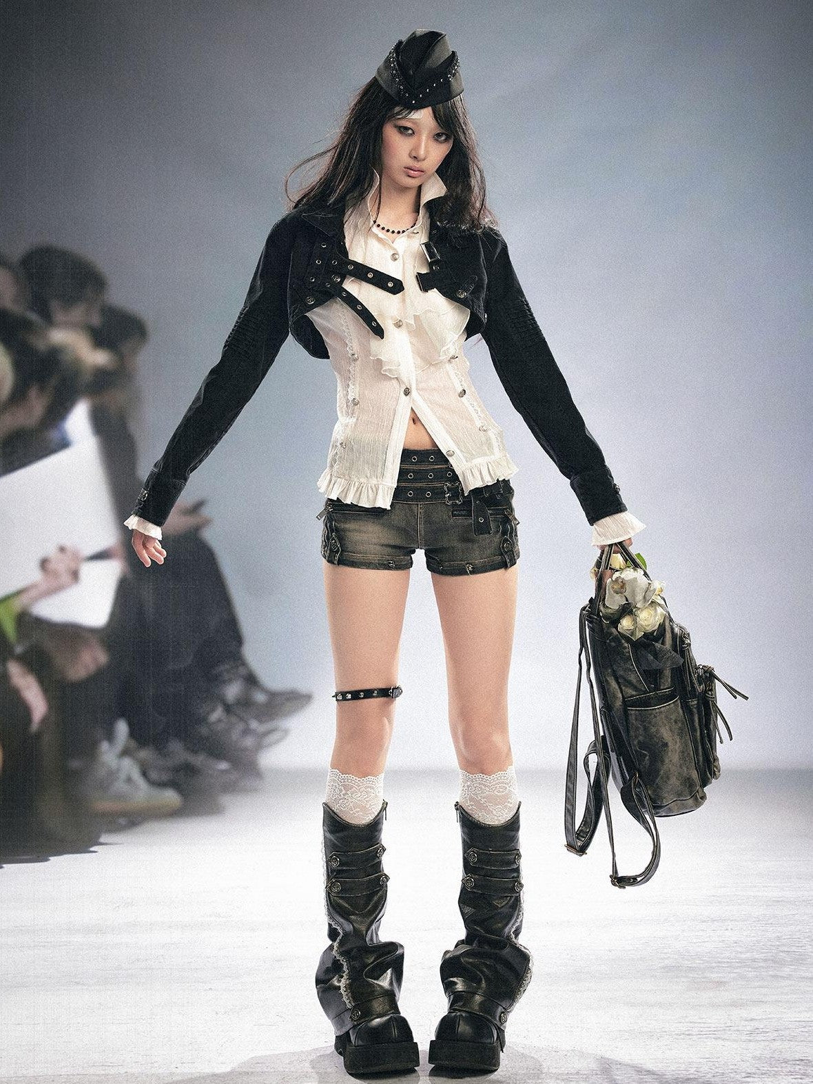 Cest Nous Detachable Punk Style Long Sleeve Zipper Women Black Grey Cotton Blend Jacket