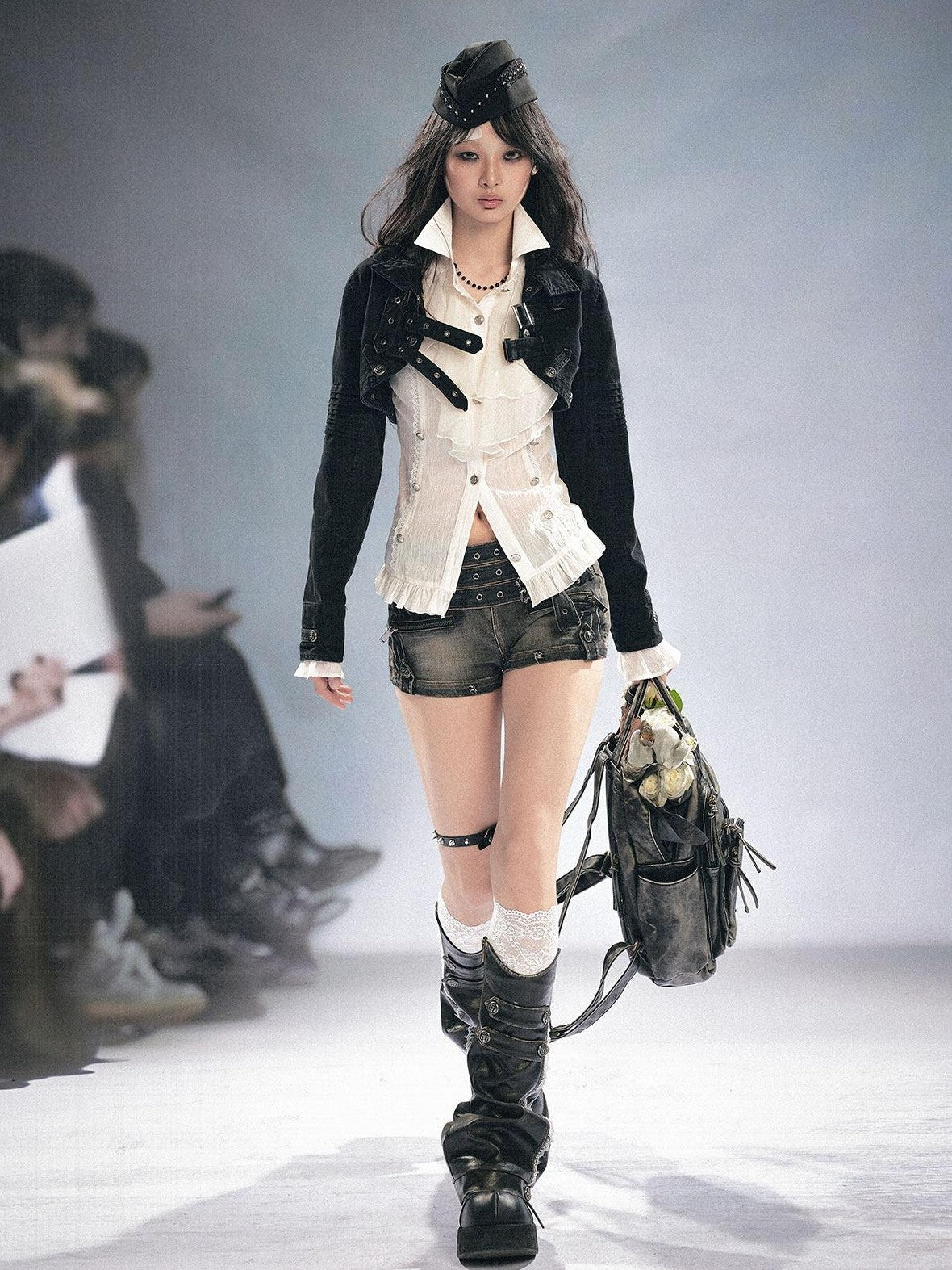 Cest Nous Detachable Punk Style Long Sleeve Zipper Women Black Grey Cotton Blend Jacket